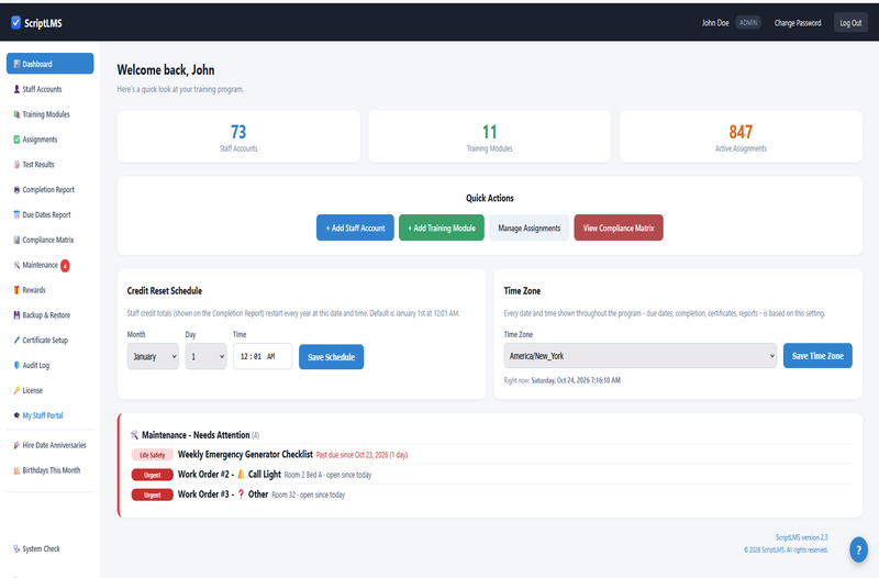 ScriptLMS admin dashboard showing staff, modules, and assignments at a glance, with shortcuts and CE credit settings